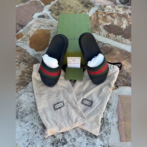 Gucci Black Slides with Red and Green Accents